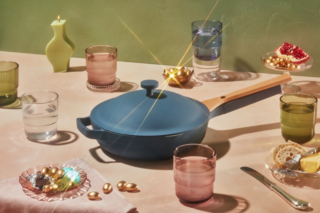 A blue Always Pan on a table