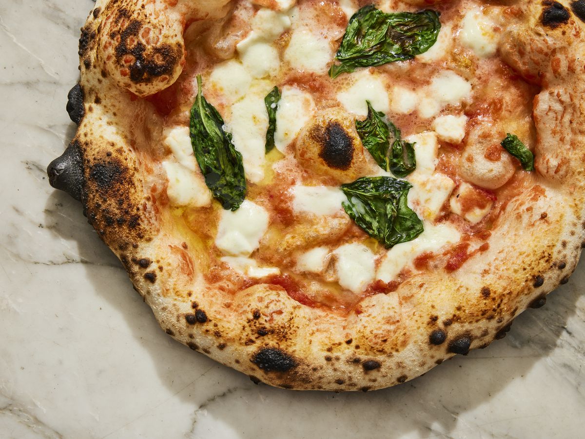 An aerial view of a pizza pie with mozzarella, basil, and red sauce, with a beautifully charred crust.