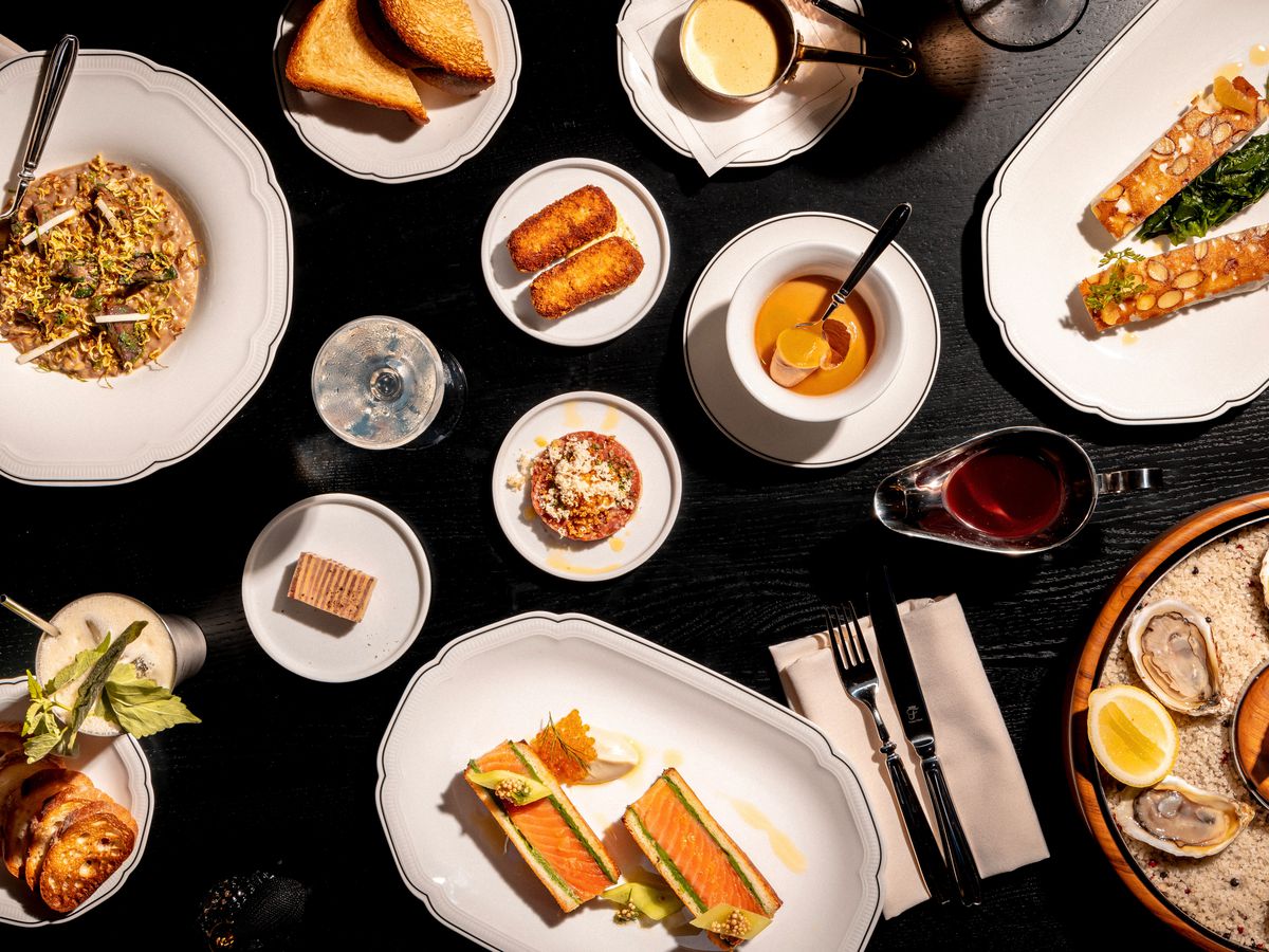 An assortment of delectable dishes displayed on a black background.