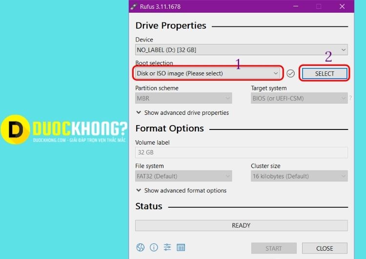Nhấn CHỌN để chọn và duyệt tệp ISO