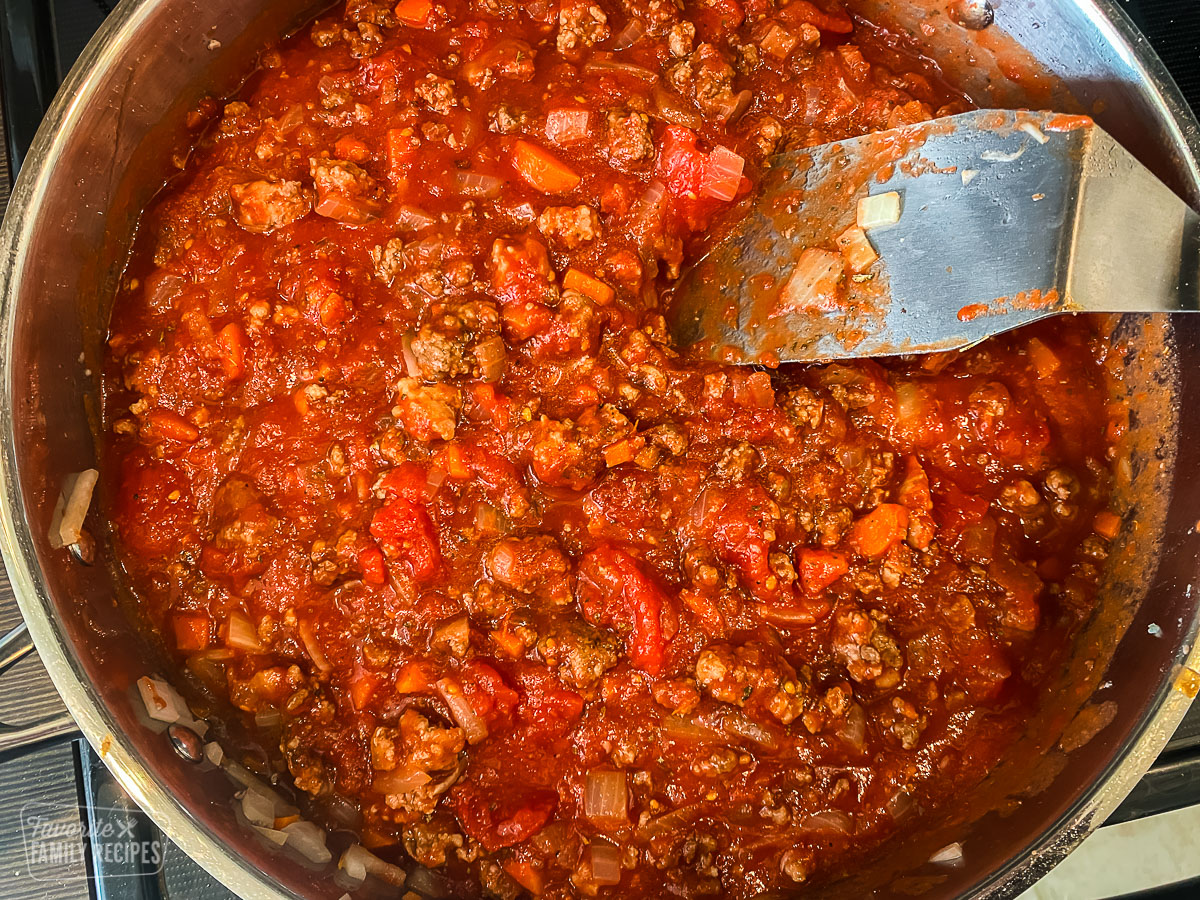 Spaghetti sauce in a skillet with meat