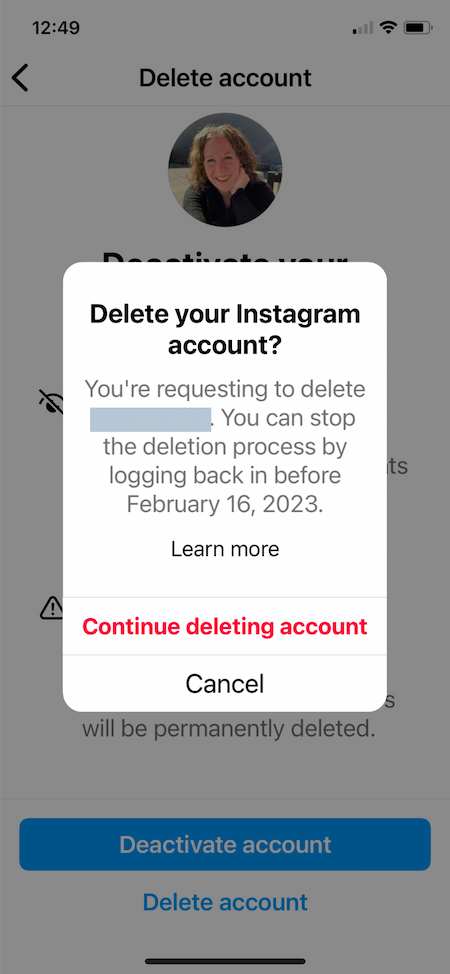 How to delete Instagram example: Continue deleting account