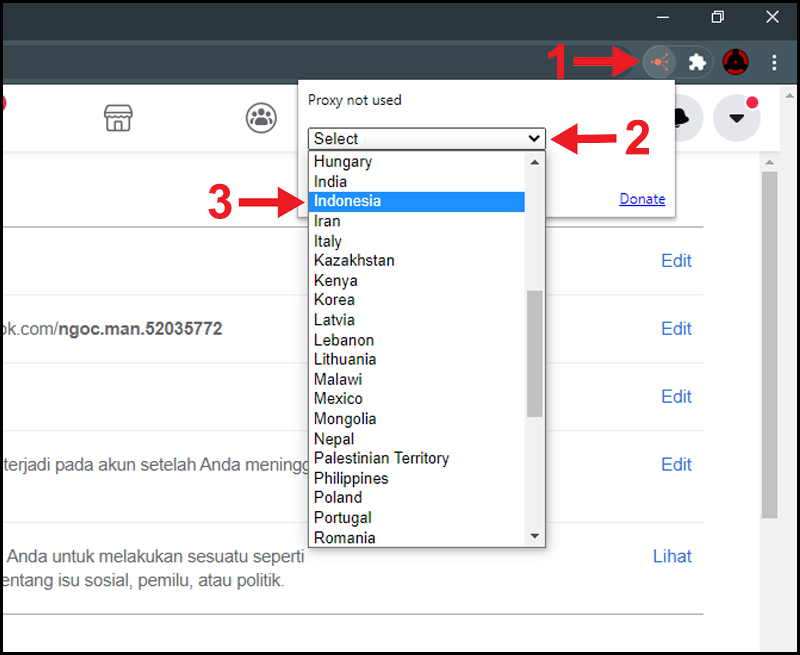 Nháº¥n vÃ o Geoproxy > Nháº¥n nÃºt Select > Chá»n Indonesia