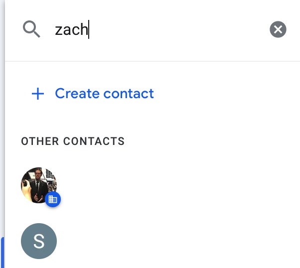 Searching for a contact via the Contacts tab in Gmail on desktop.